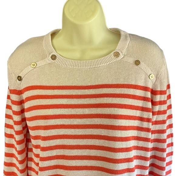 J Crew Factory Orange Tan Striped Sweater Gold Button Accents, size Medium - Picture 2 of 7